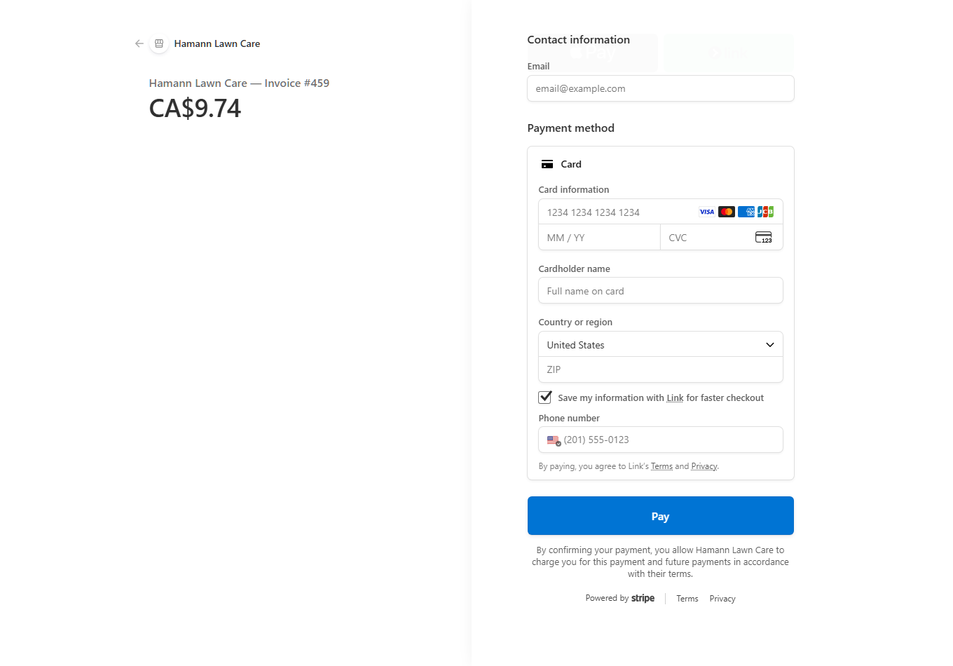 Stripe checkout page for Hamann Lawn Care — Invoice #459, showing a CA$9.74 total with card payment fields